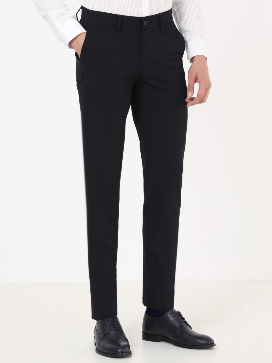 Navy Blue Weaving Slim Fit Casual Trousers - 3