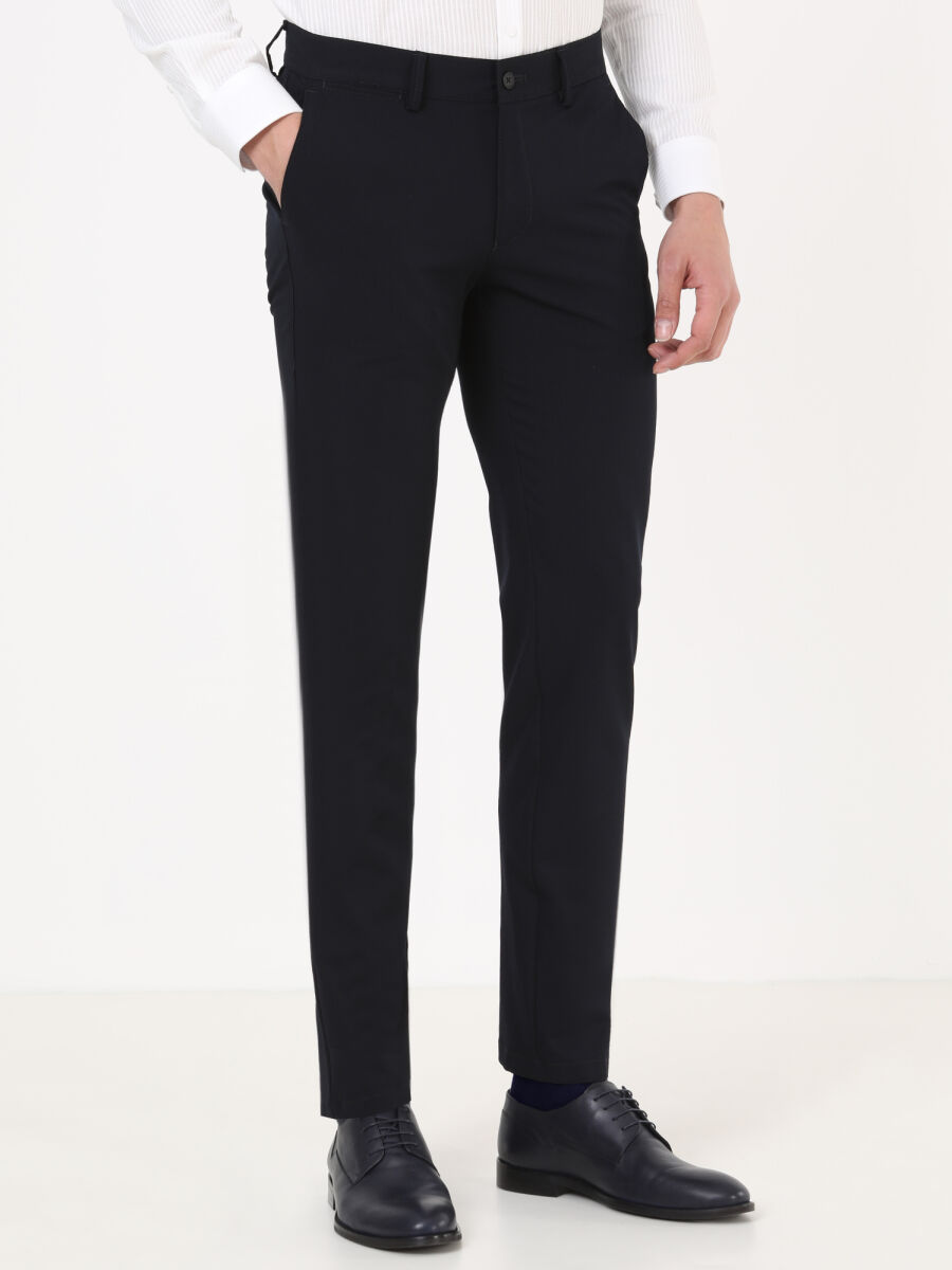 Navy Blue Weaving Slim Fit Casual Trousers - 3