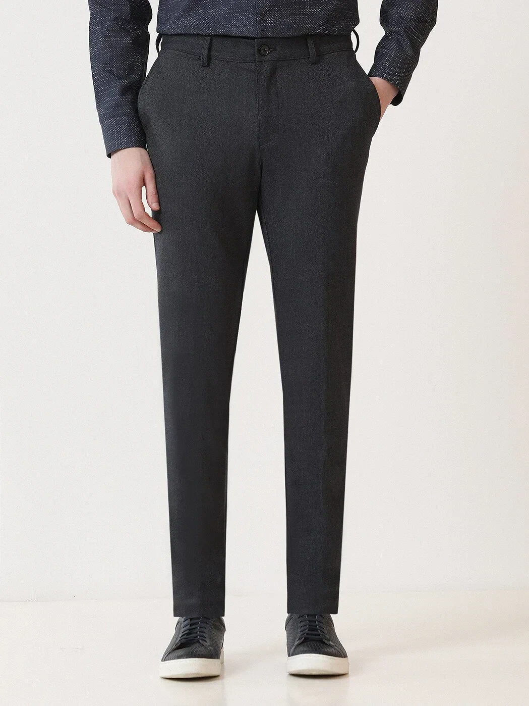 Navy Blue Weaving Slim Fit Casual Trousers - 1