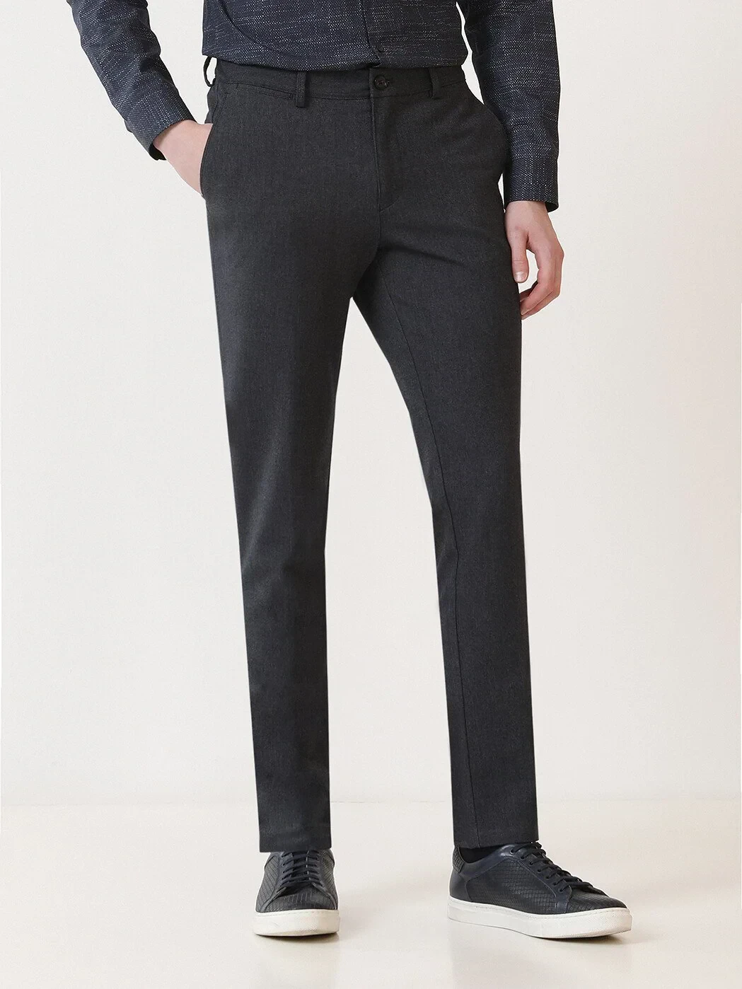 Navy Blue Weaving Slim Fit Casual Trousers - 2