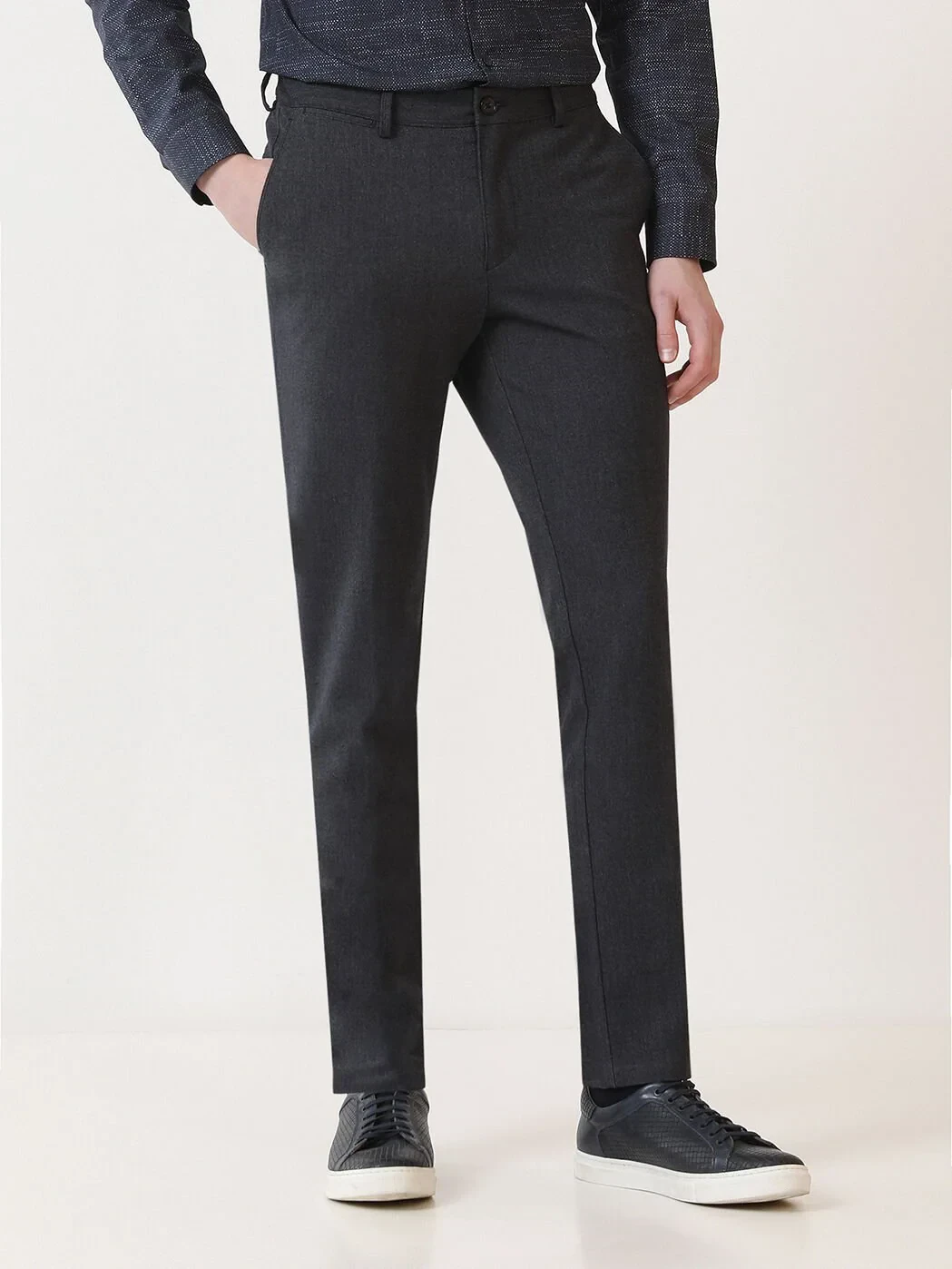 Navy Blue Weaving Slim Fit Casual Trousers - 2