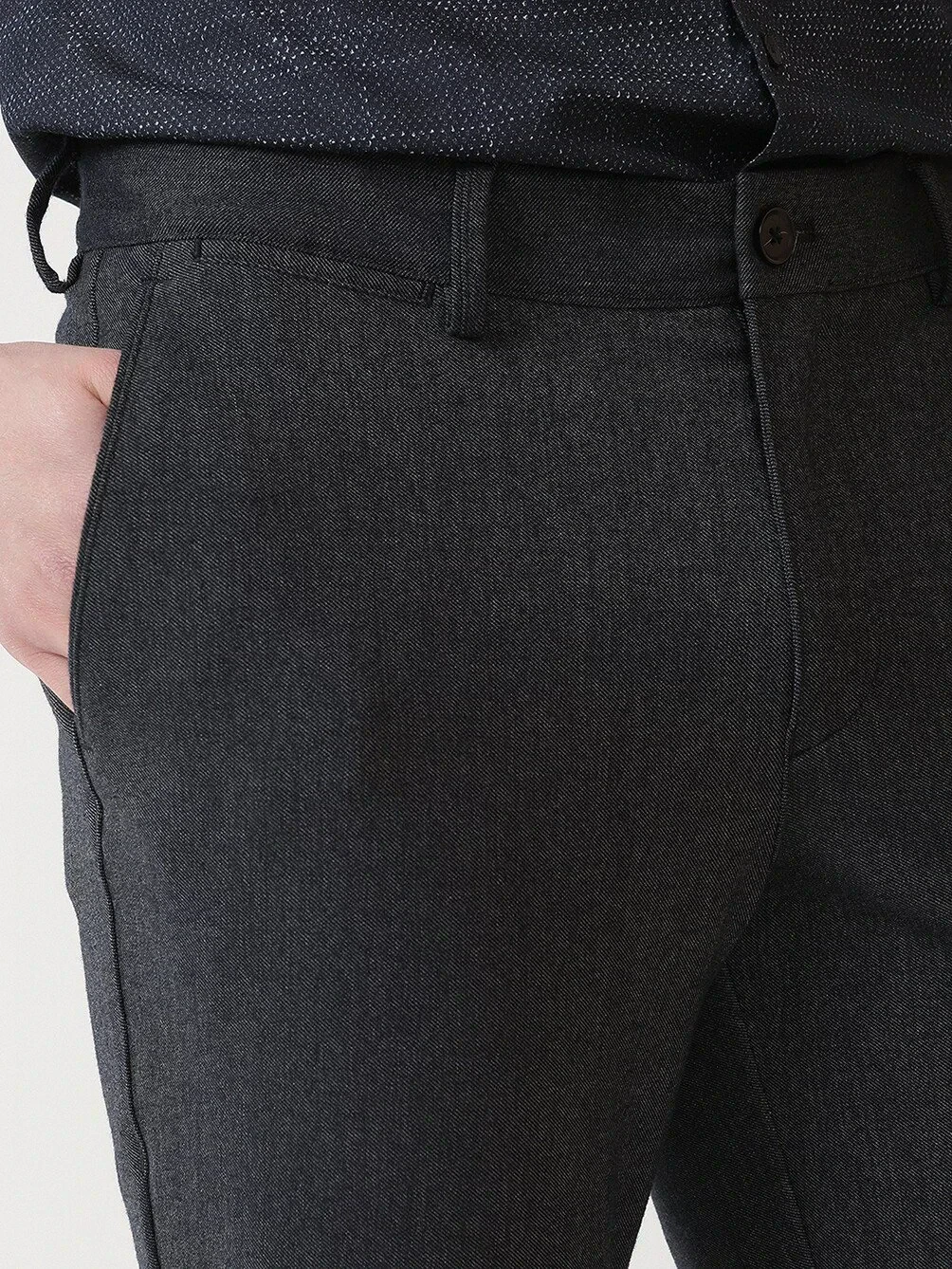 Navy Blue Weaving Slim Fit Casual Trousers - 3
