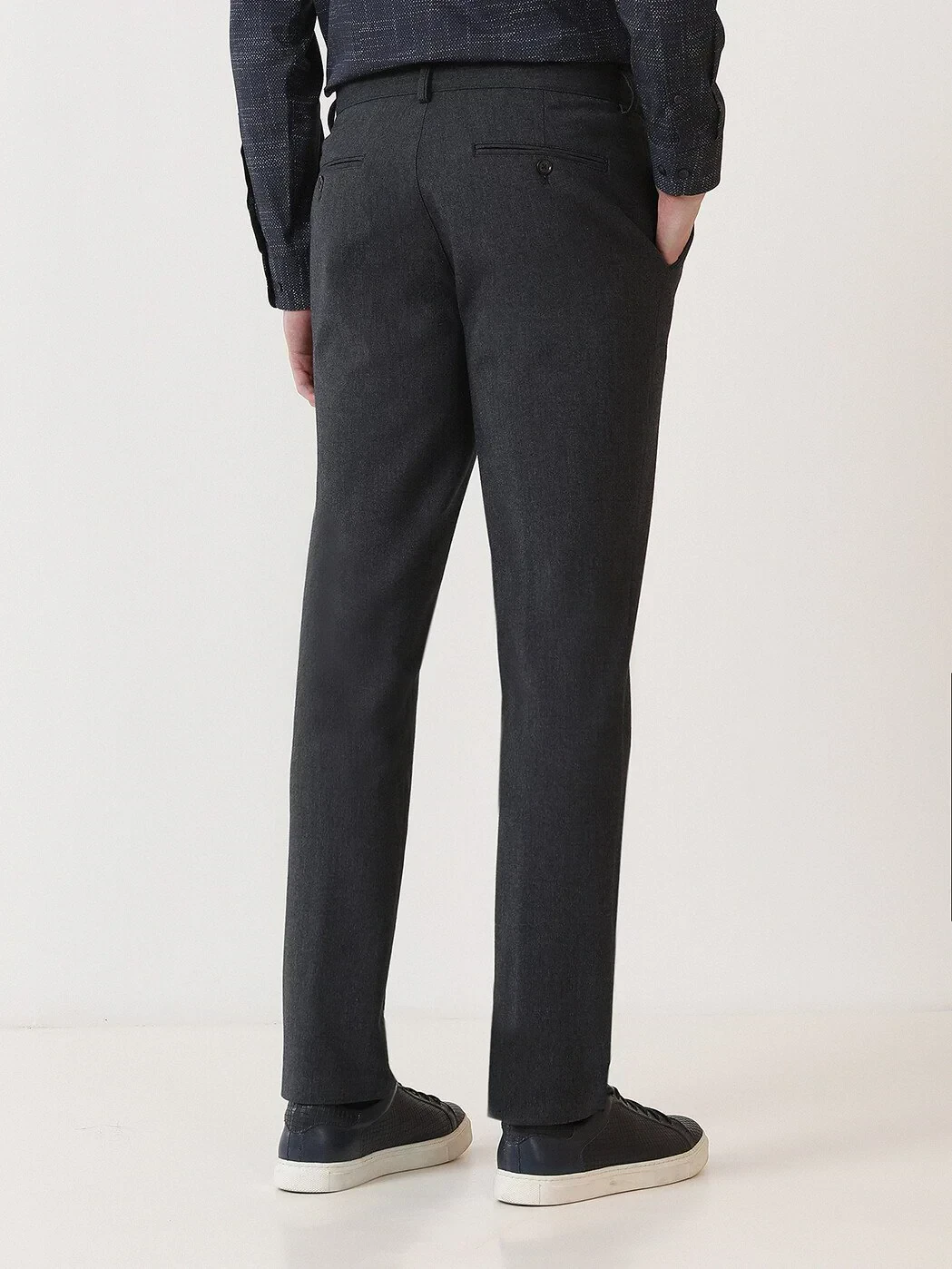 Navy Blue Weaving Slim Fit Casual Trousers - 4