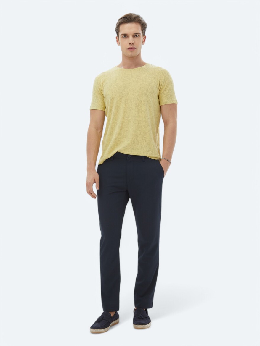 Navy Blue Weaving Slim Fit Casual Trousers - 1