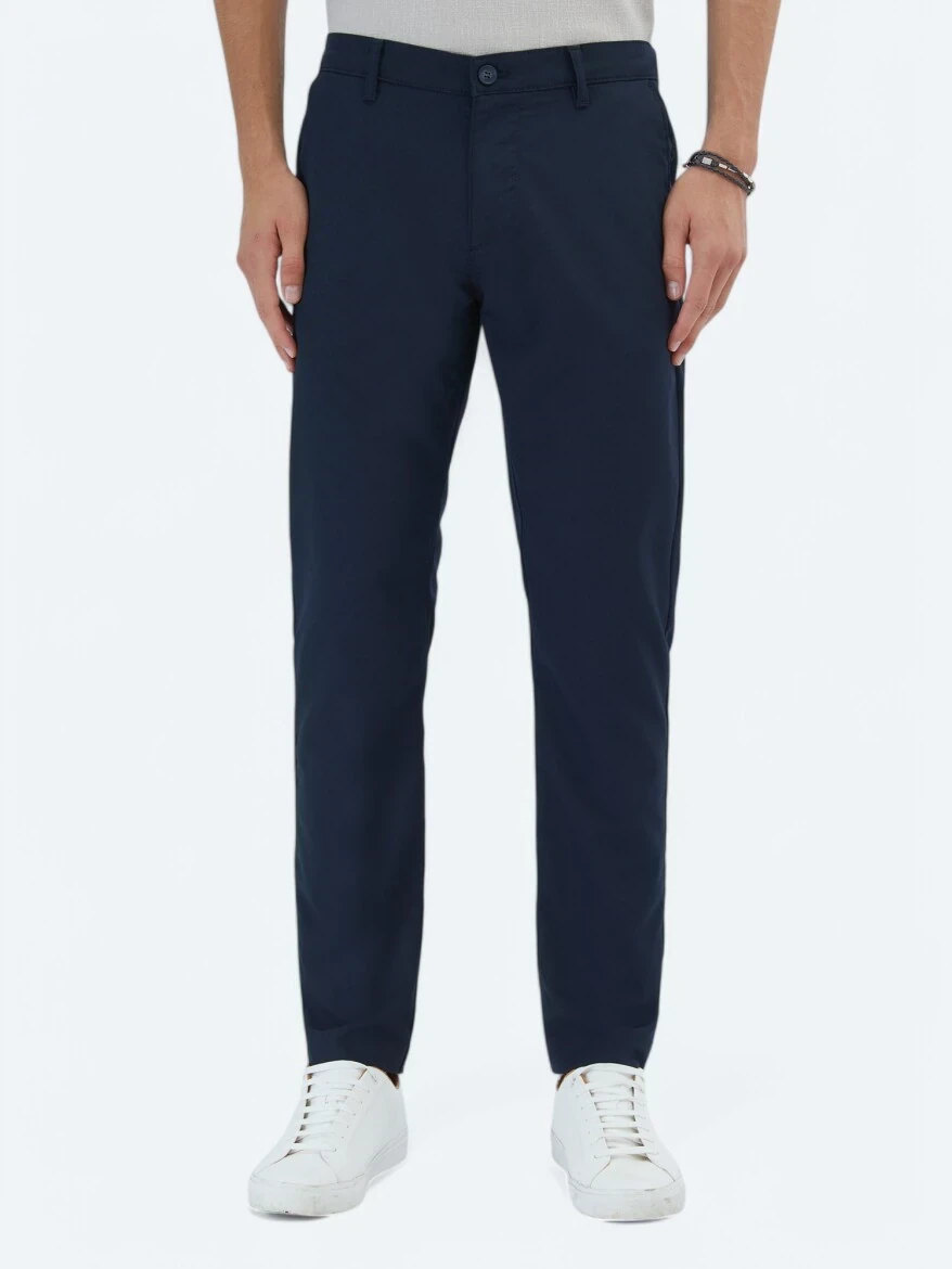 Navy Blue Weaving Slim Fit Casual Trousers - 2