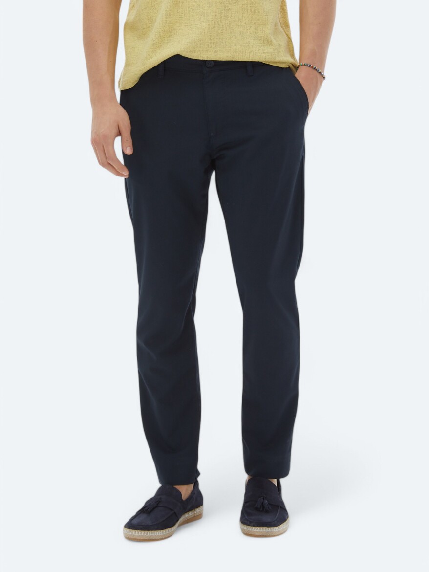 Navy Blue Weaving Slim Fit Casual Trousers - 2