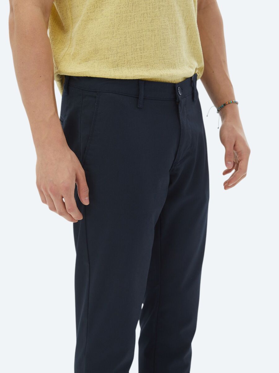 Navy Blue Weaving Slim Fit Casual Trousers - 4