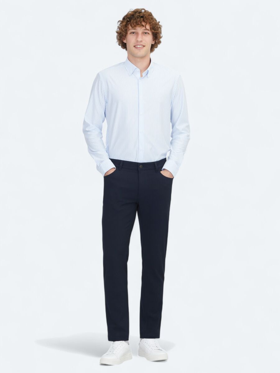 Navy Blue Weaving Slim Fit Casual Trousers - 1