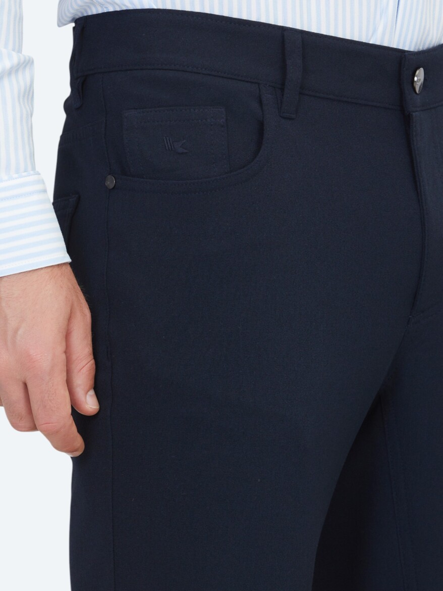 Navy Blue Weaving Slim Fit Casual Trousers - 3
