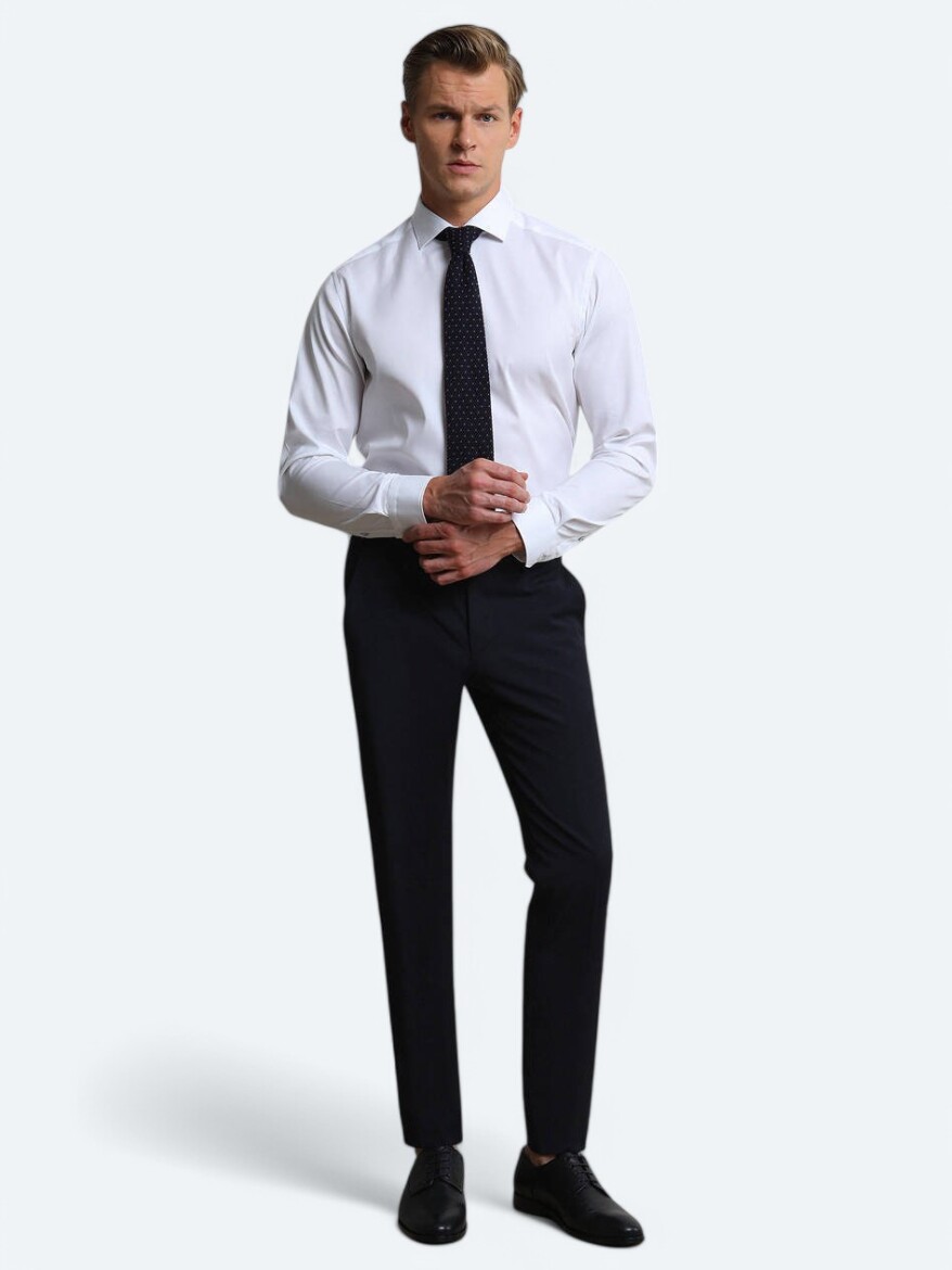 Navy Blue Weaving Slim Fit Classical Wool Blended Trousers - 3