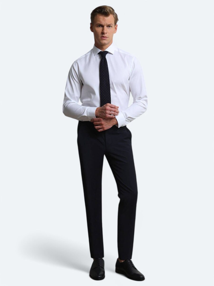Navy Blue Weaving Slim Fit Classical Wool Blended Trousers - 3