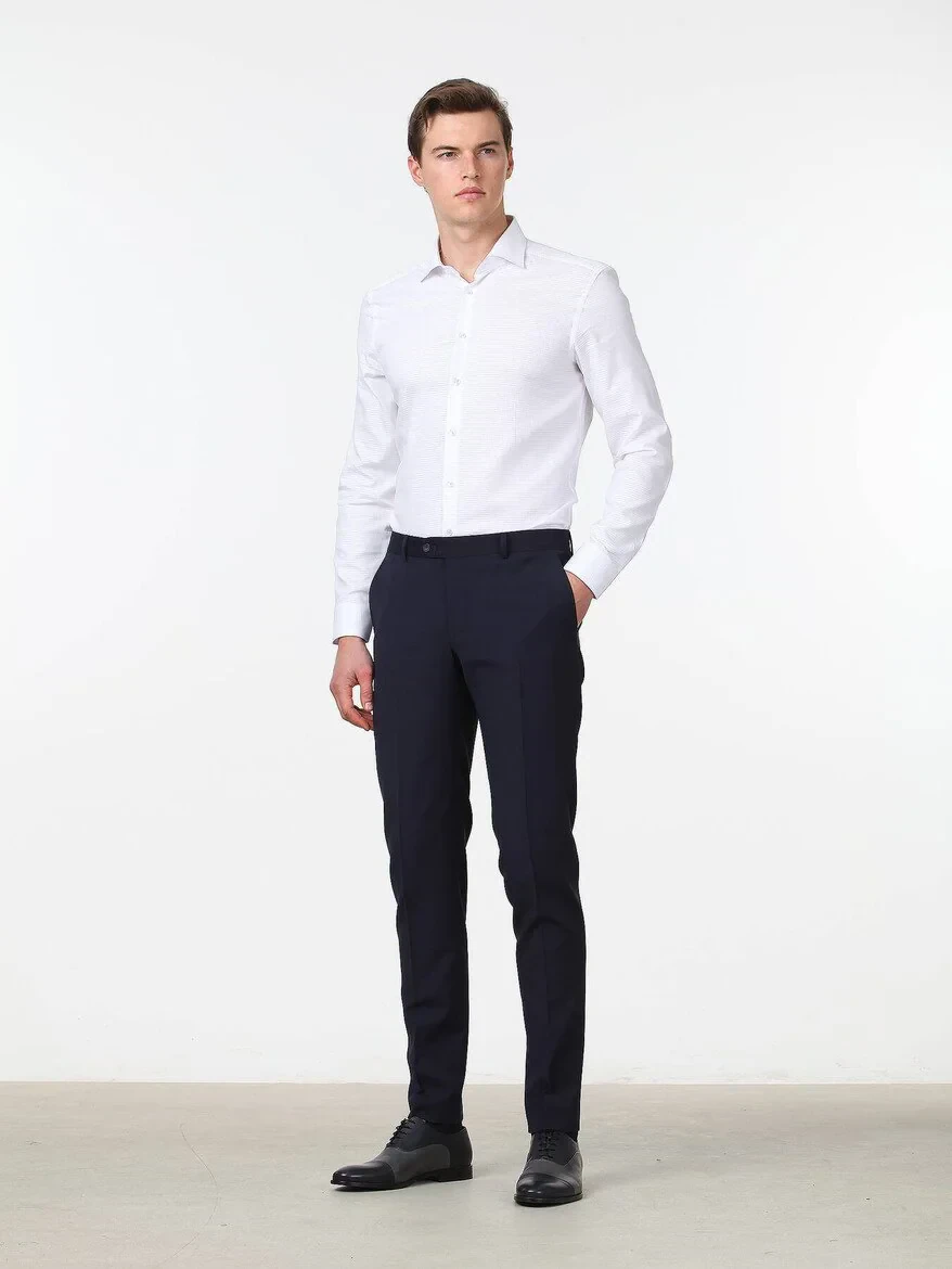 Navy Blue Weaving Slim Fit Classical Wool Blended Trousers - 1