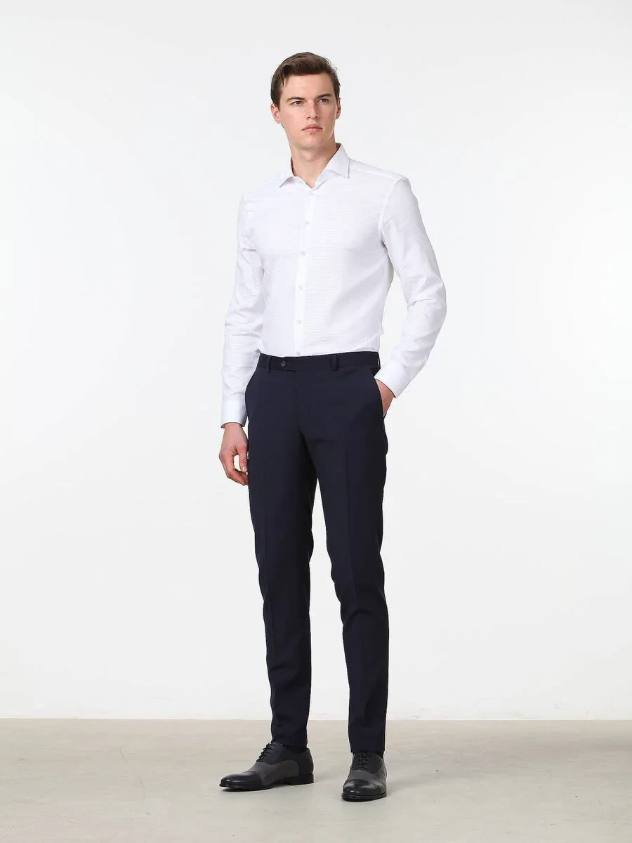 Navy Blue Weaving Slim Fit Classical Wool Blended Trousers - 1