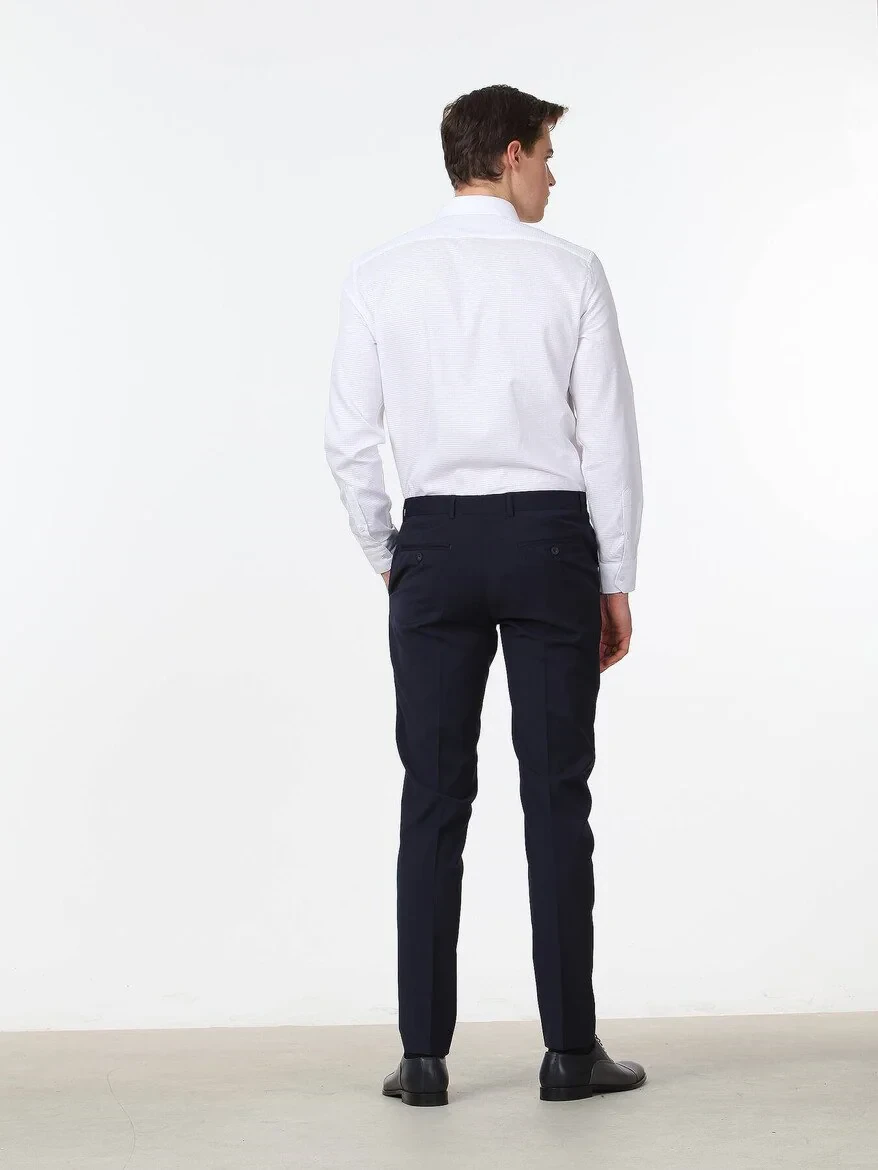 Navy Blue Weaving Slim Fit Classical Wool Blended Trousers - 4