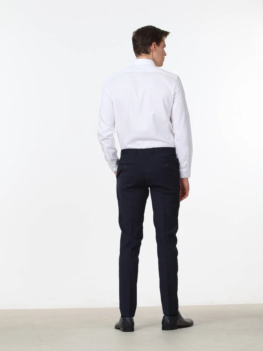 Navy Blue Weaving Slim Fit Classical Wool Blended Trousers - 4