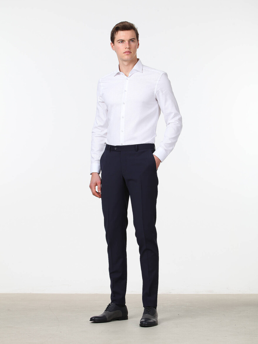Navy Blue Weaving Slim Fit Classical Wool Blended Trousers - 1