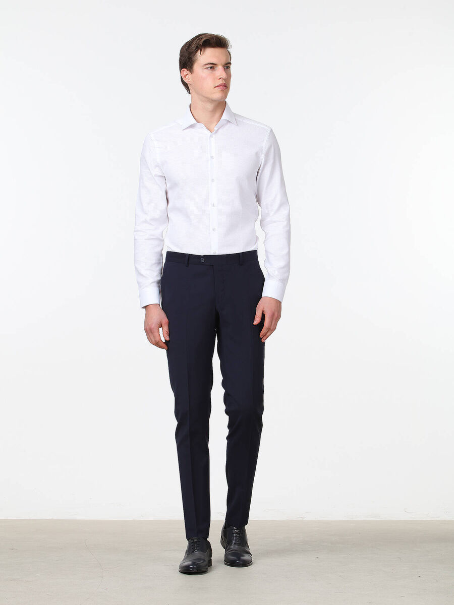 Navy Blue Weaving Slim Fit Classical Wool Blended Trousers - 2
