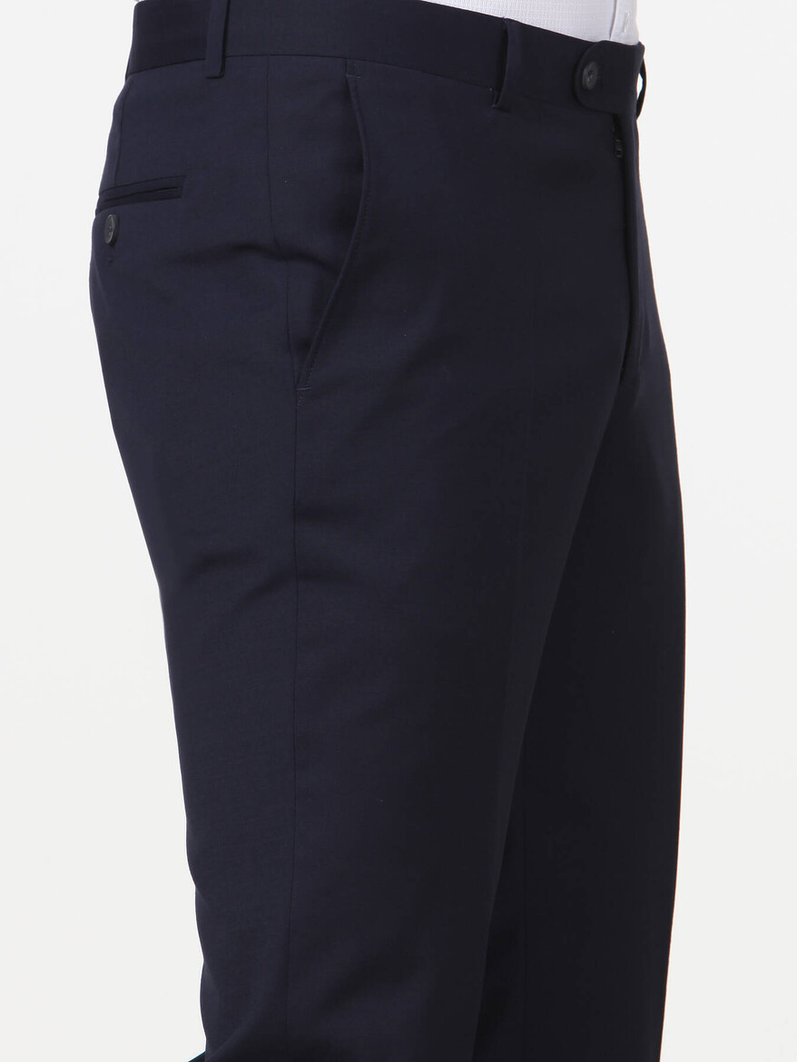 Navy Blue Weaving Slim Fit Classical Wool Blended Trousers - 3