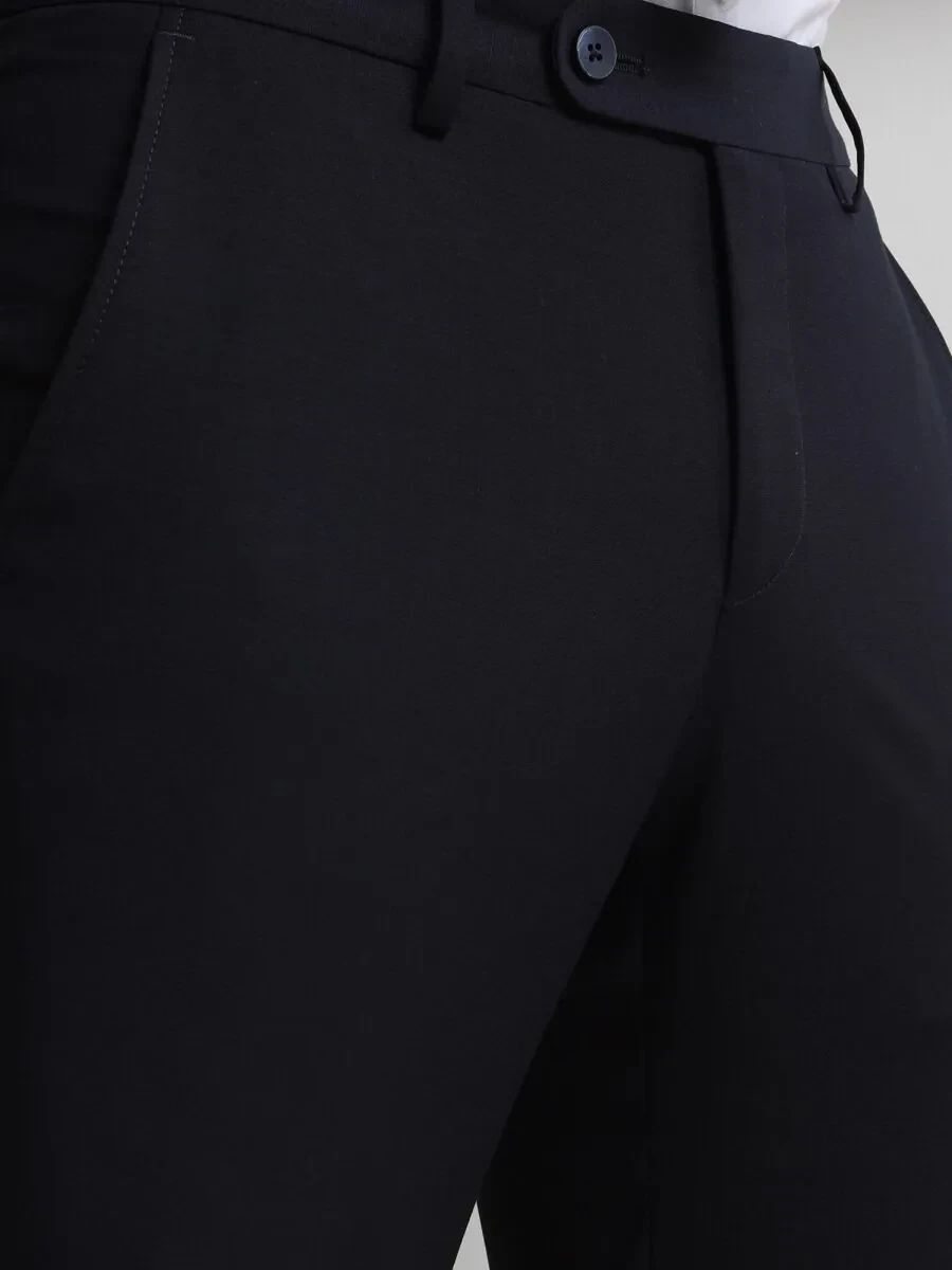 Navy Blue Weaving Slim Fit Classical Wool Blended Trousers - 3