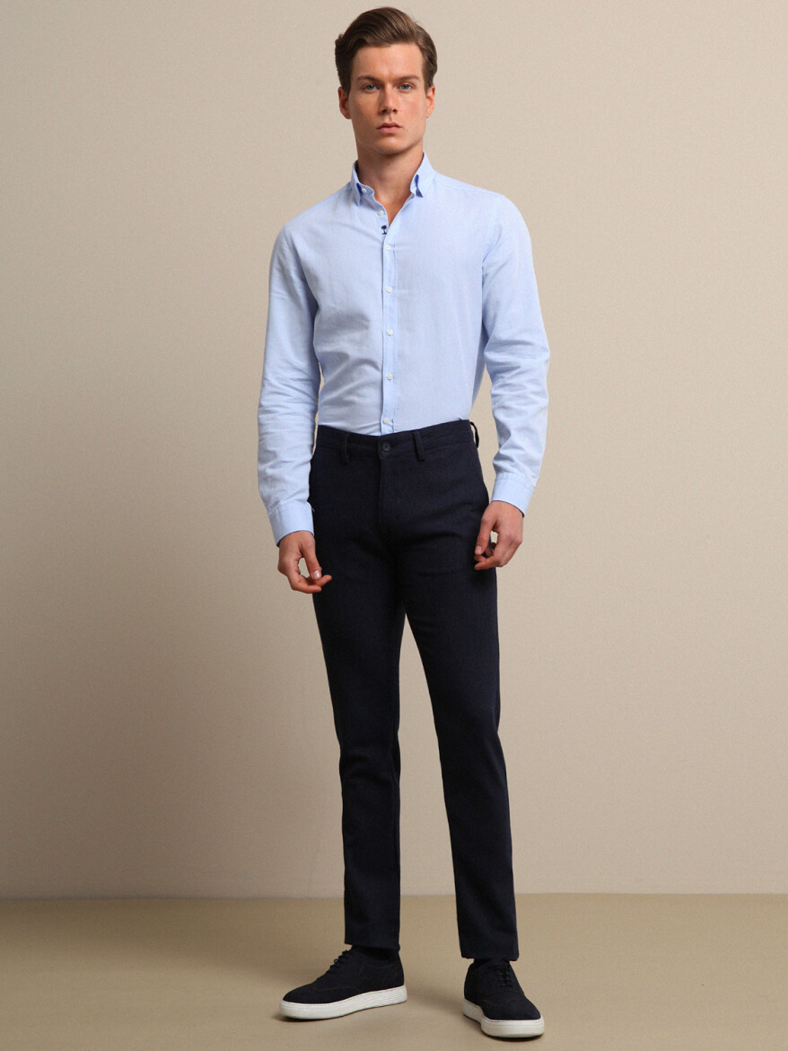 Navy Blue Weaving Slim Fit Smart Casual Cotton Blended Trousers - 2