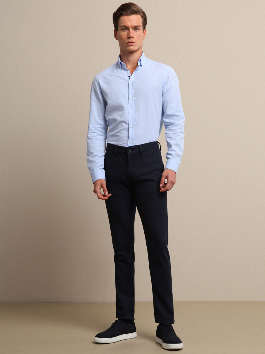 Navy Blue Weaving Slim Fit Smart Casual Cotton Blended Trousers - 2