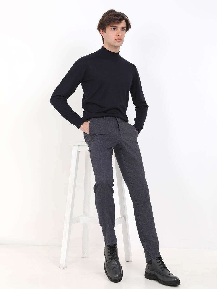 Navy Blue Weaving Slim Fit Smart Casual Cotton Blended Trousers - 1