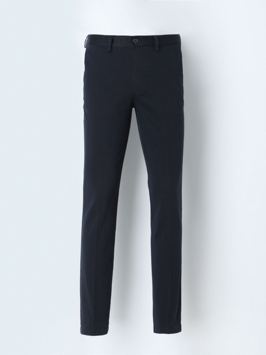 Navy Blue Weaving Slim Fit Smart Casual Cotton Blended Trousers - 1