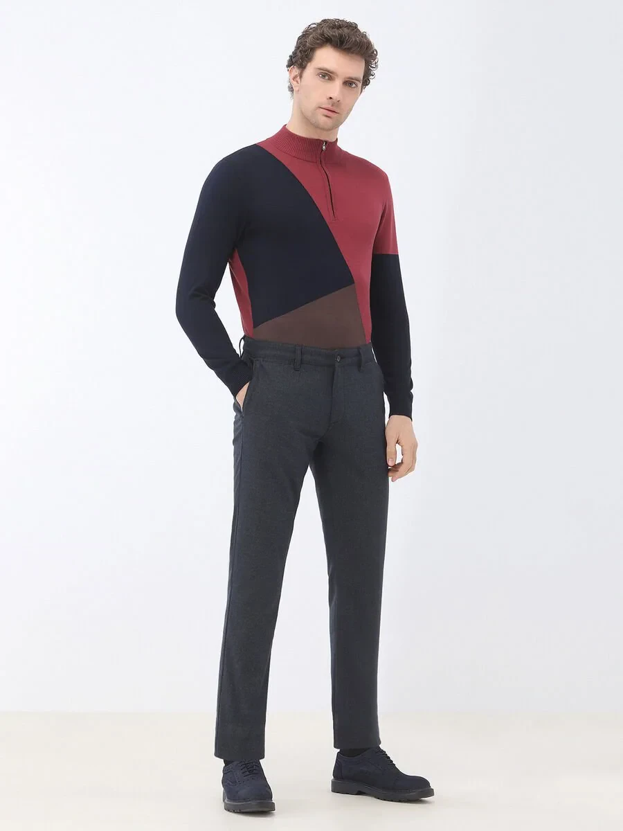 Navy Blue Weaving Slim Fit Smart Casual Trousers - 2