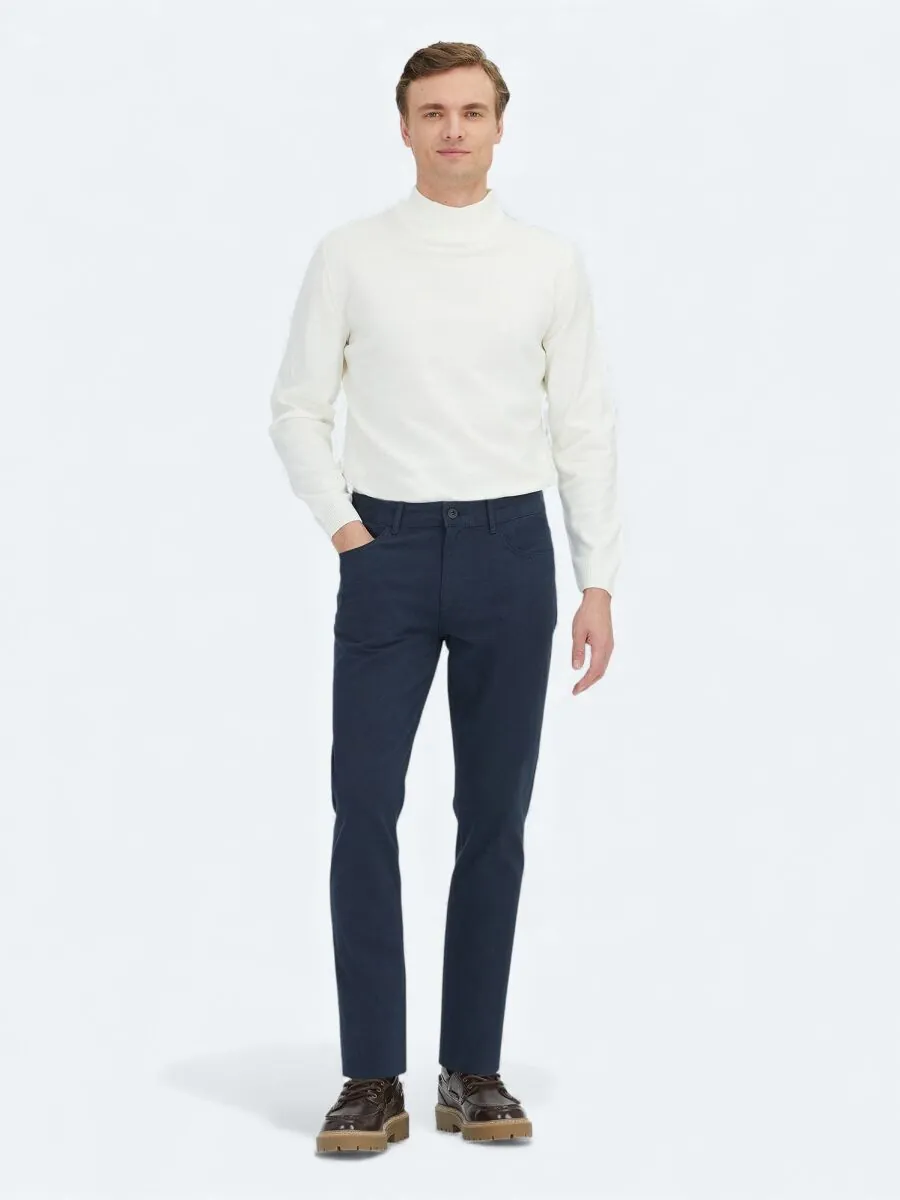 Navy Blue Weaving Slim Fit Sport Cotton Blended Trousers - 1