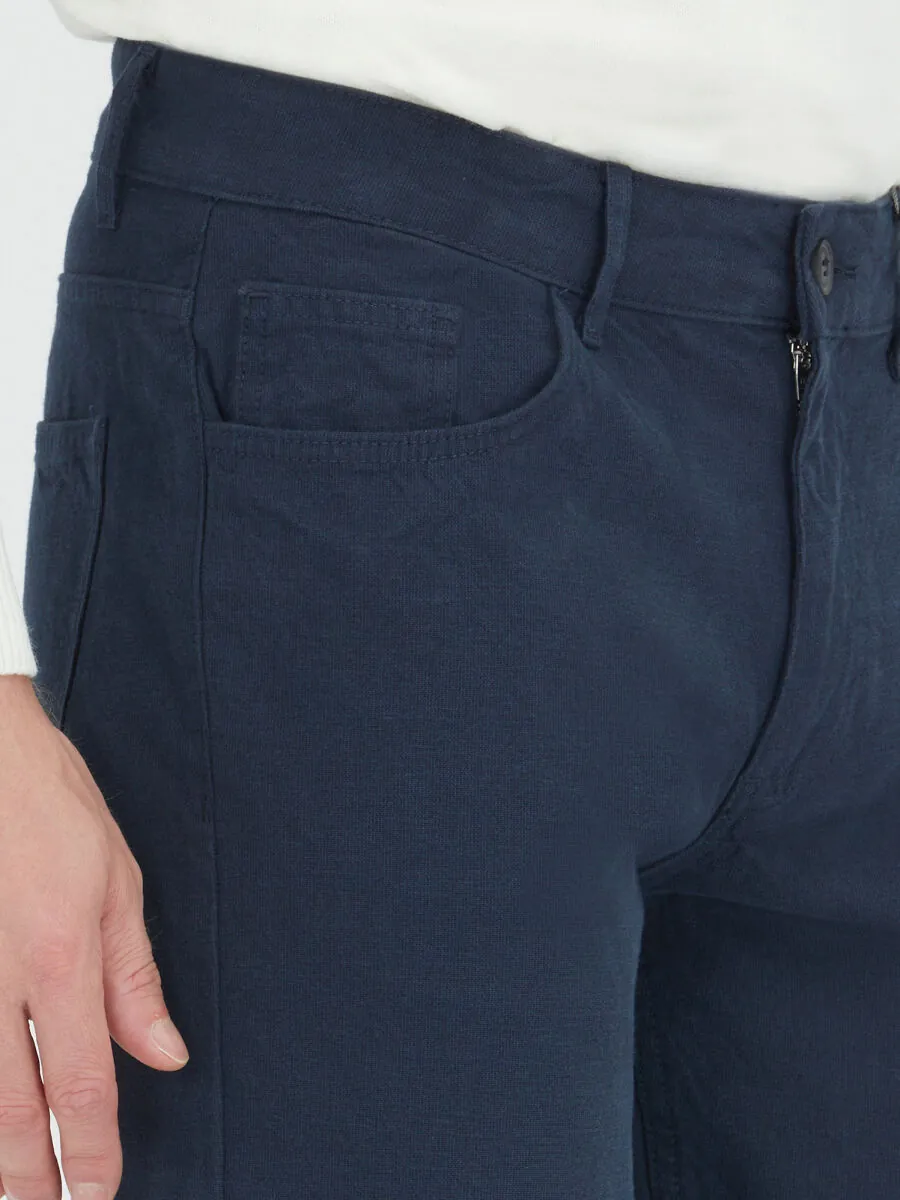 Navy Blue Weaving Slim Fit Sport Cotton Blended Trousers - 3