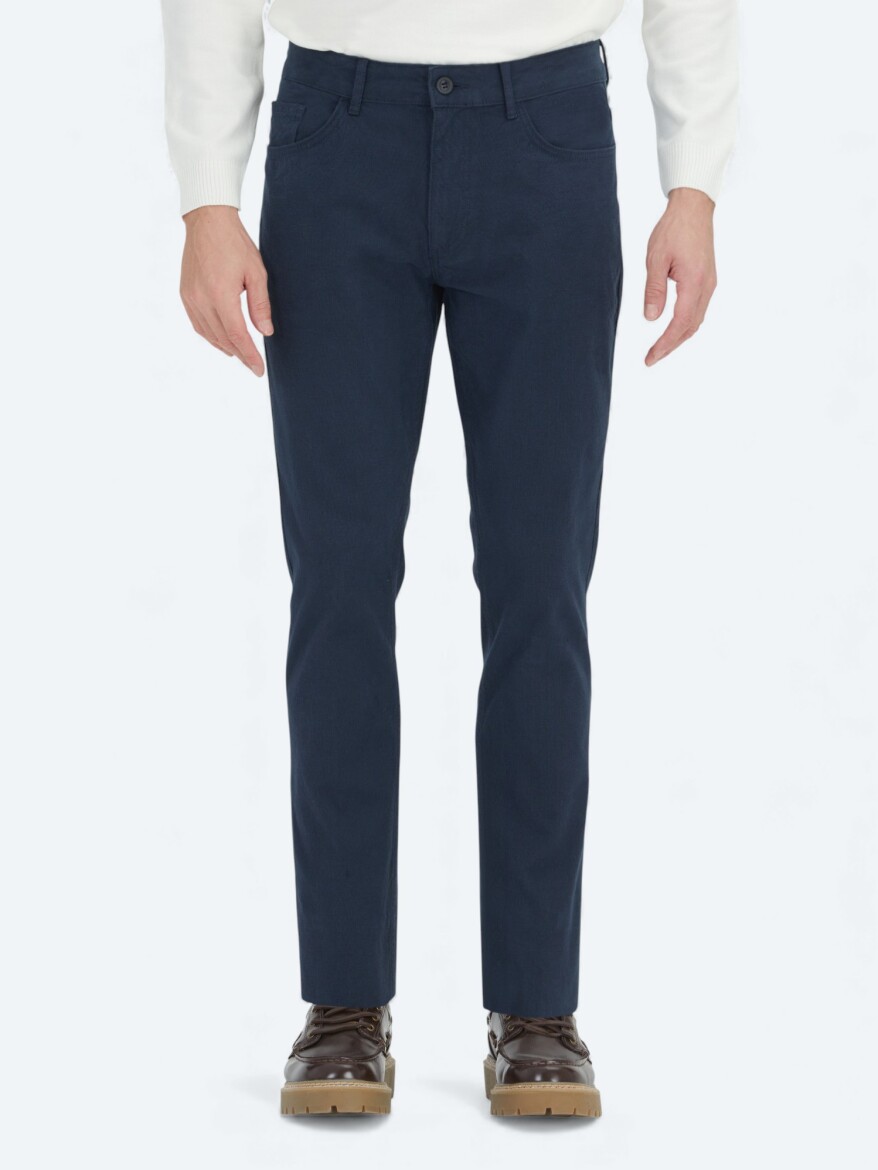 Navy Blue Weaving Slim Fit Sport Cotton Blended Trousers - KİP