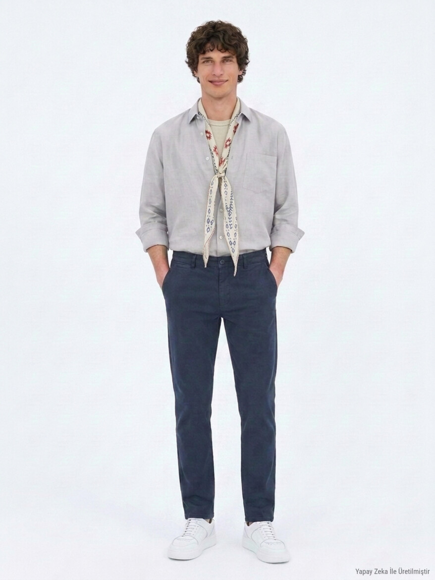 Navy Blue Weaving Slim Fit Sport Cotton Blended Trousers - KİP