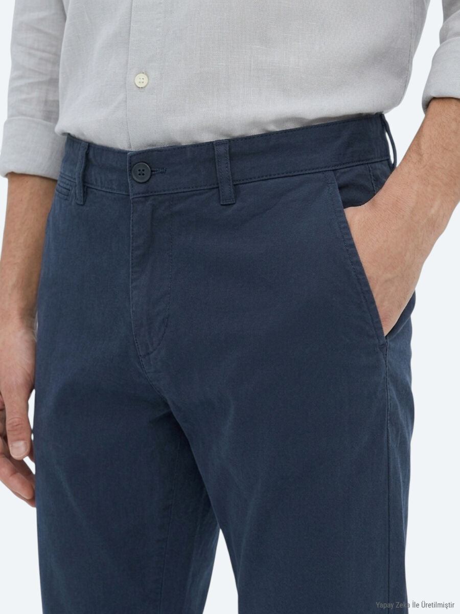 Navy Blue Weaving Slim Fit Sport Cotton Blended Trousers - 3