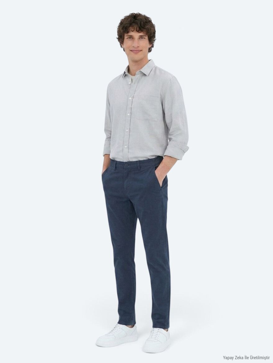 Navy Blue Weaving Slim Fit Sport Cotton Blended Trousers - 4
