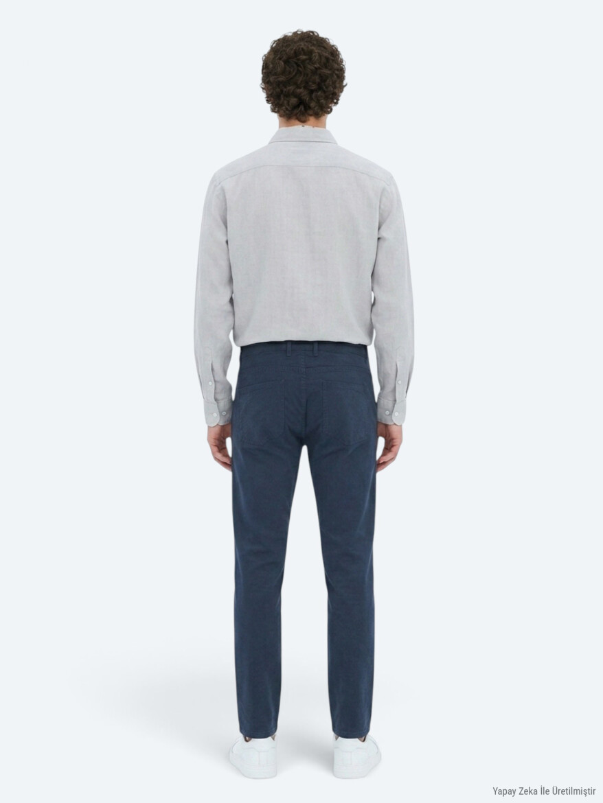 Navy Blue Weaving Slim Fit Sport Cotton Blended Trousers - 5
