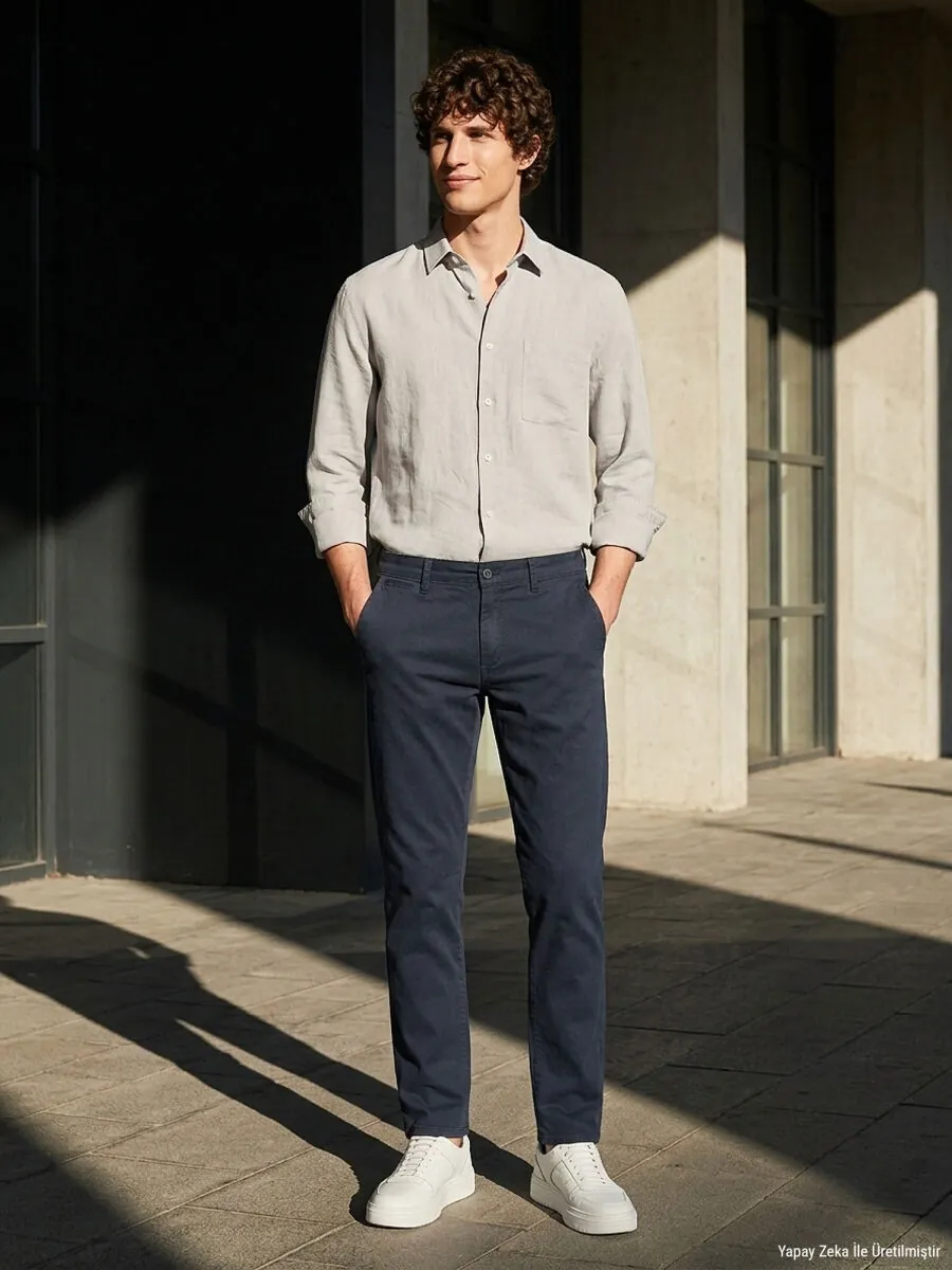 Navy Blue Weaving Slim Fit Sport Cotton Blended Trousers - 2
