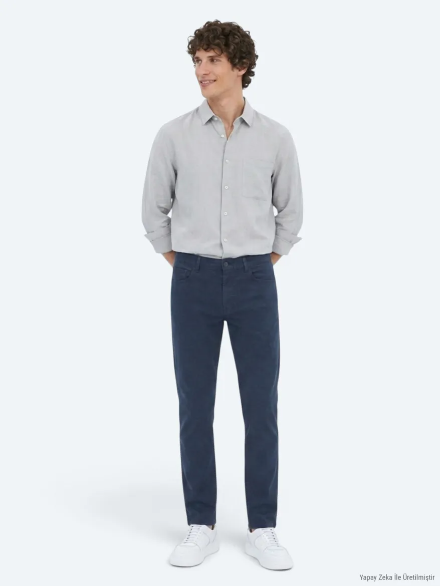 Navy Blue Weaving Slim Fit Sport Cotton Blended Trousers - 5