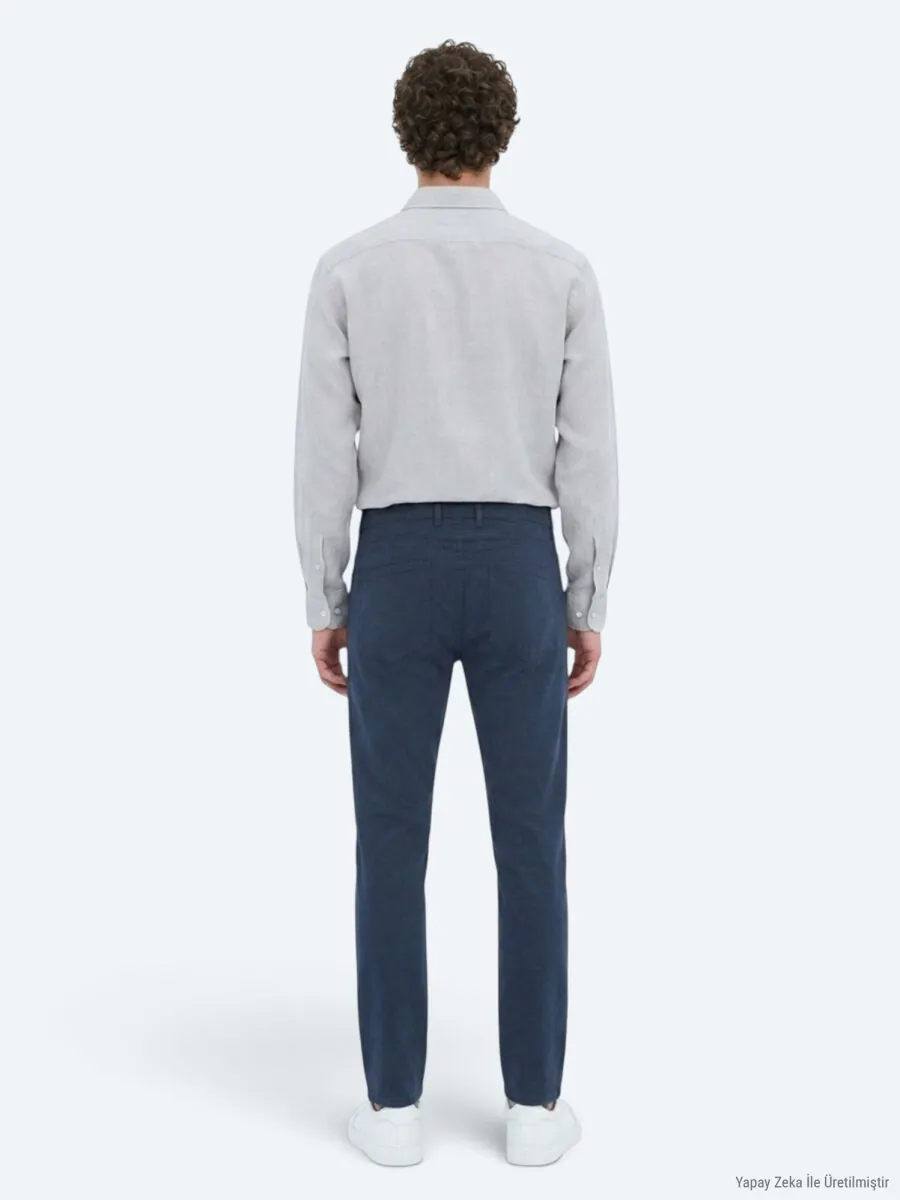 Navy Blue Weaving Slim Fit Sport Cotton Blended Trousers - 6
