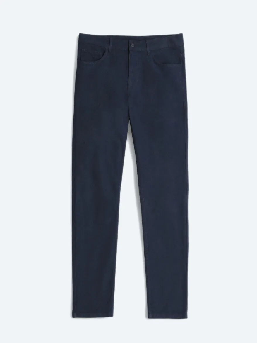 Navy Blue Weaving Slim Fit Sport Cotton Blended Trousers - 7