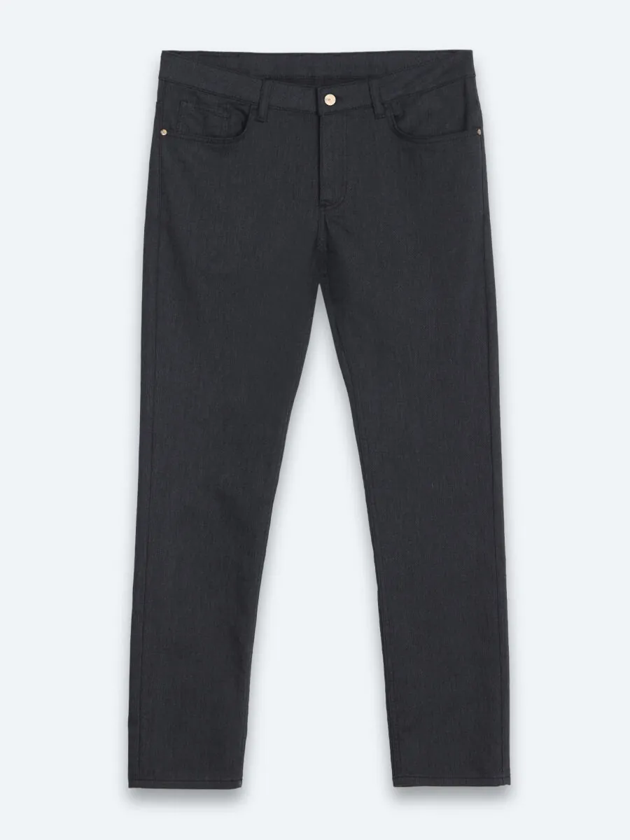 Navy Blue Weaving Slim Fit Sport Cotton Blended Trousers - 7