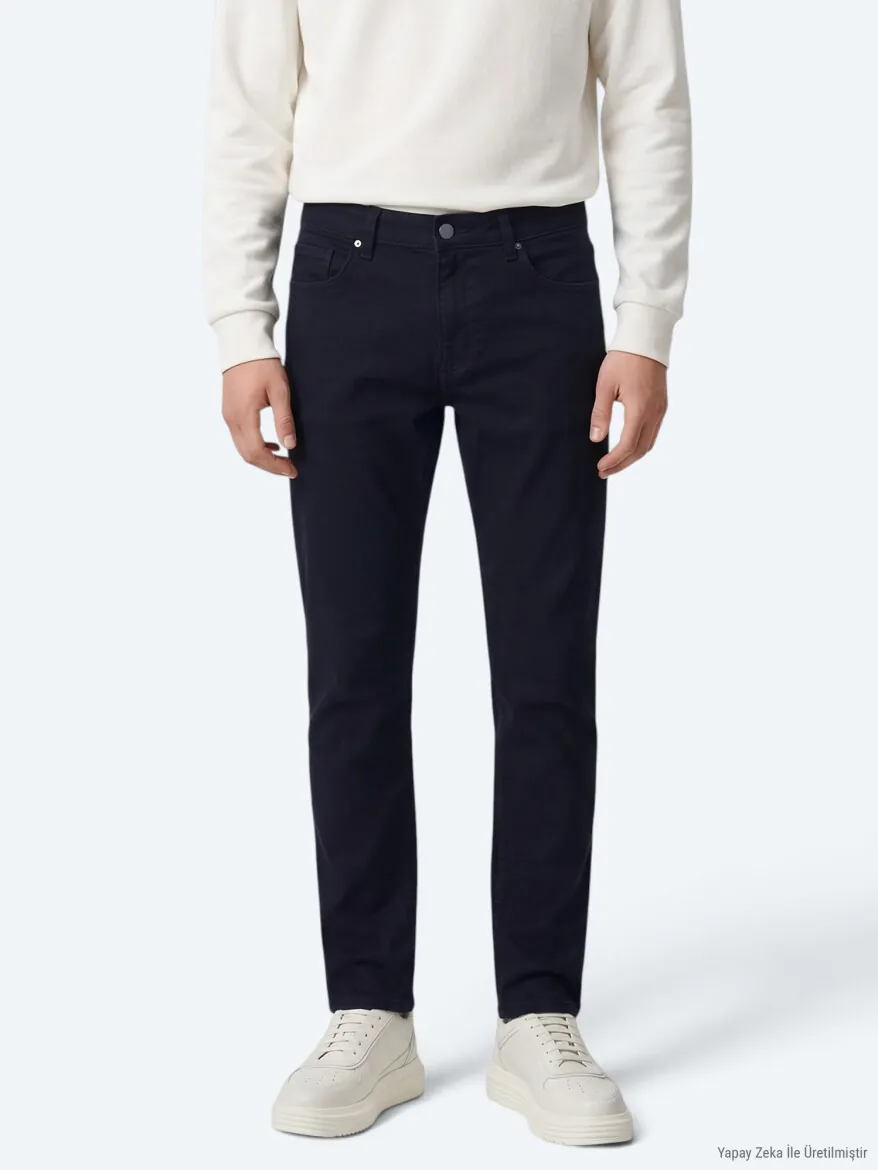 Navy Blue Weaving Slim Fit Sport Cotton Blended Trousers - 3