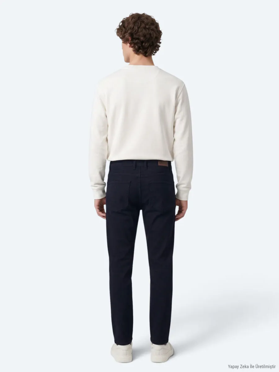 Navy Blue Weaving Slim Fit Sport Cotton Blended Trousers - 6