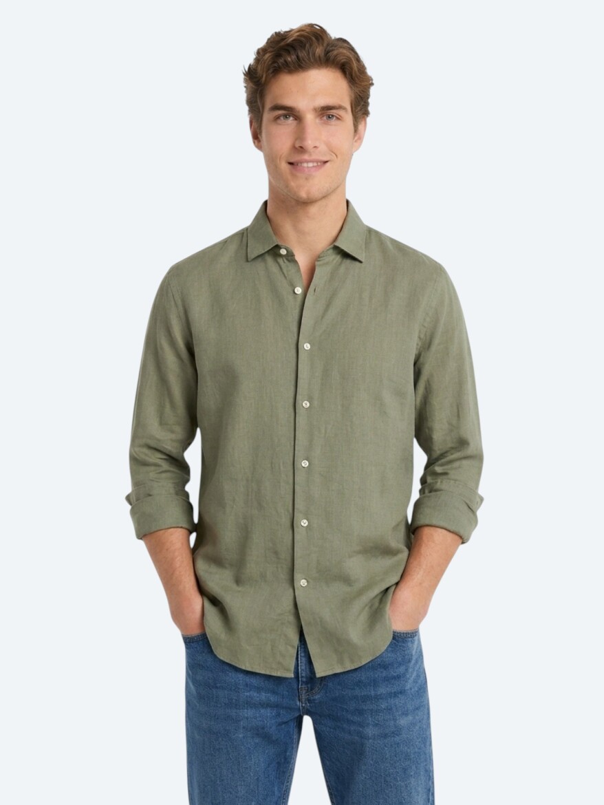 Nefti Yeşil Düz Regular Fit Uzun Dokuma Casual Pamuk Karışımlı Gömlek - 4