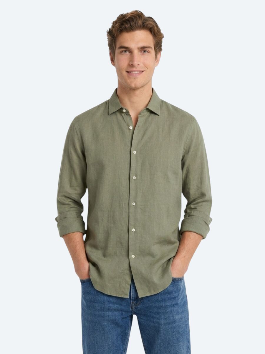 Nefti Yeşil Düz Regular Fit Uzun Dokuma Casual Pamuk Karışımlı Gömlek - 4