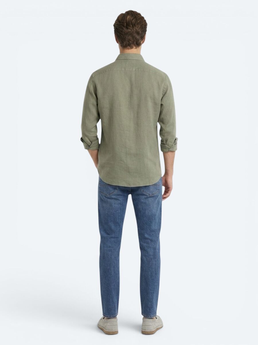 Nefti Yeşil Düz Regular Fit Uzun Dokuma Casual Pamuk Karışımlı Gömlek - 5