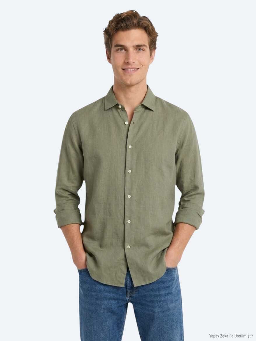 Nefti Yeşil Düz Regular Fit Uzun Dokuma Casual Pamuk Karışımlı Gömlek - 4