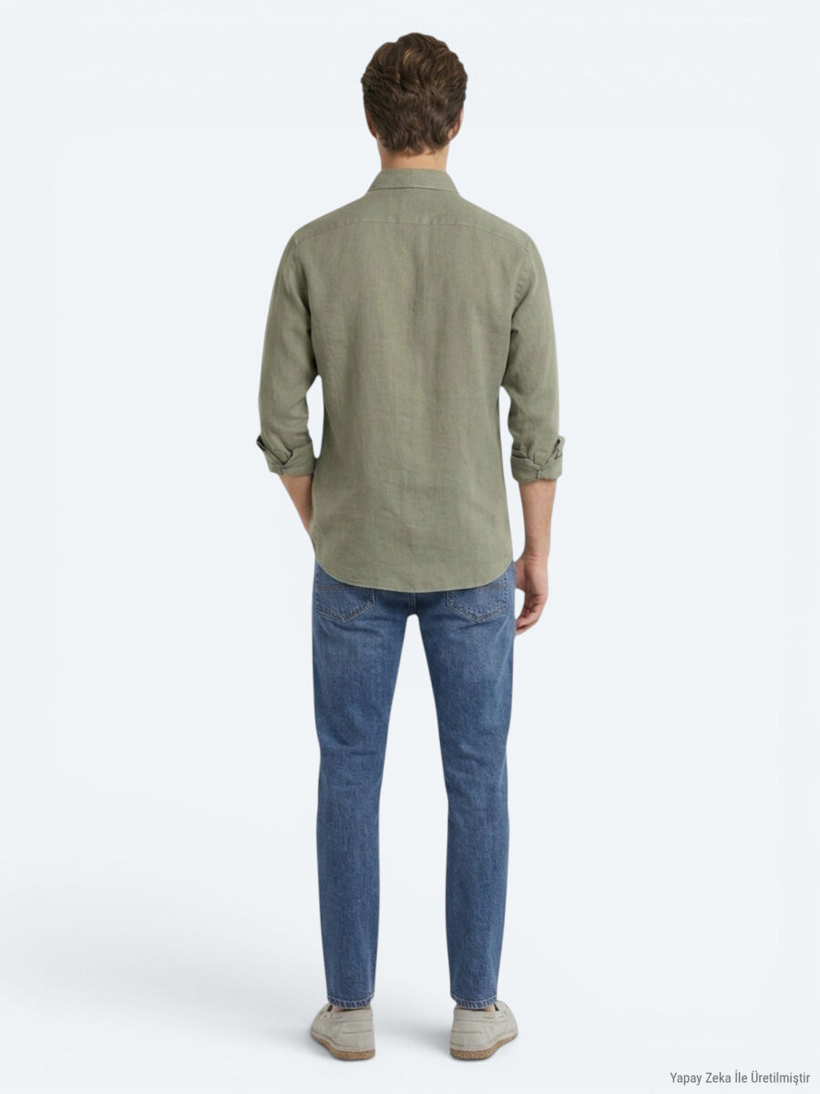 Nefti Yeşil Düz Regular Fit Uzun Dokuma Casual Pamuk Karışımlı Gömlek - 5