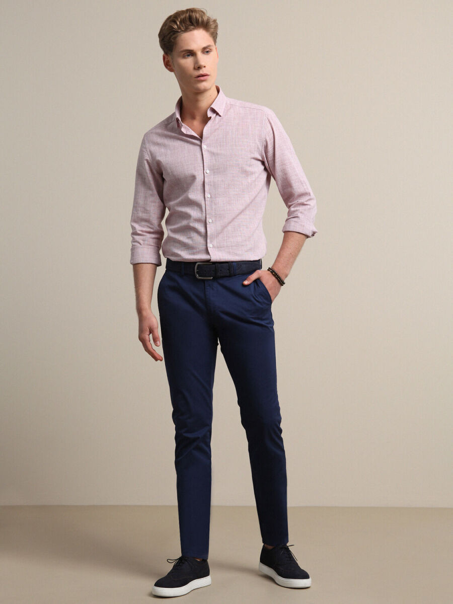 Night Blue Weaving Regular Fit Casual Cotton Blended Trousers - 1