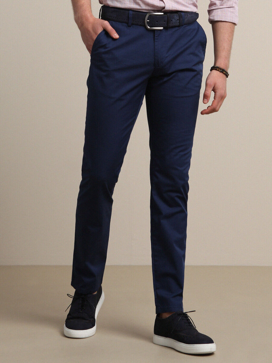 Night Blue Weaving Regular Fit Casual Cotton Blended Trousers - 2