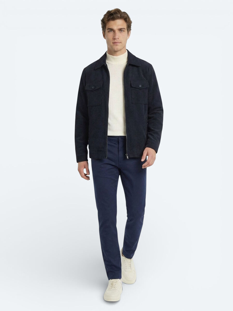 Night Blue Weaving Slim Fit Casual Cotton Blended Trousers - 1